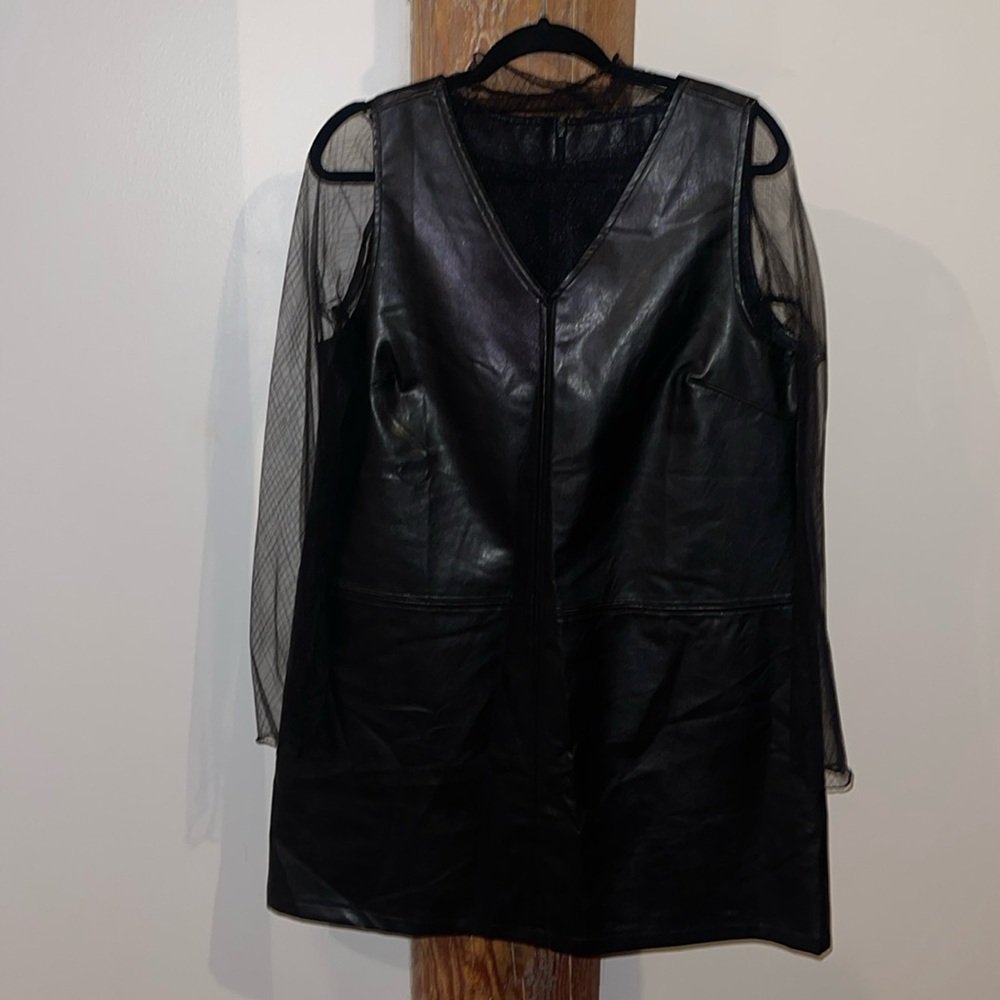 XL Black Faux Leather Dress with Mesh Top. New. Never Worn.